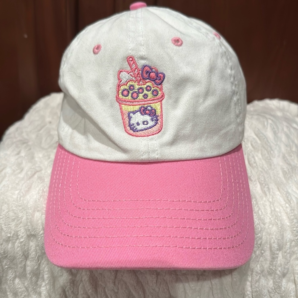 Hello Kitty pink and white boba tea beverage ball cap NWOT